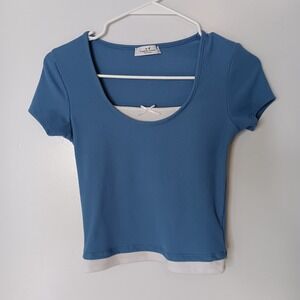 Rebellious Dreamer Y2K Top Womens Size XS Blue Bow Contrast Trim Ribbed Knit
